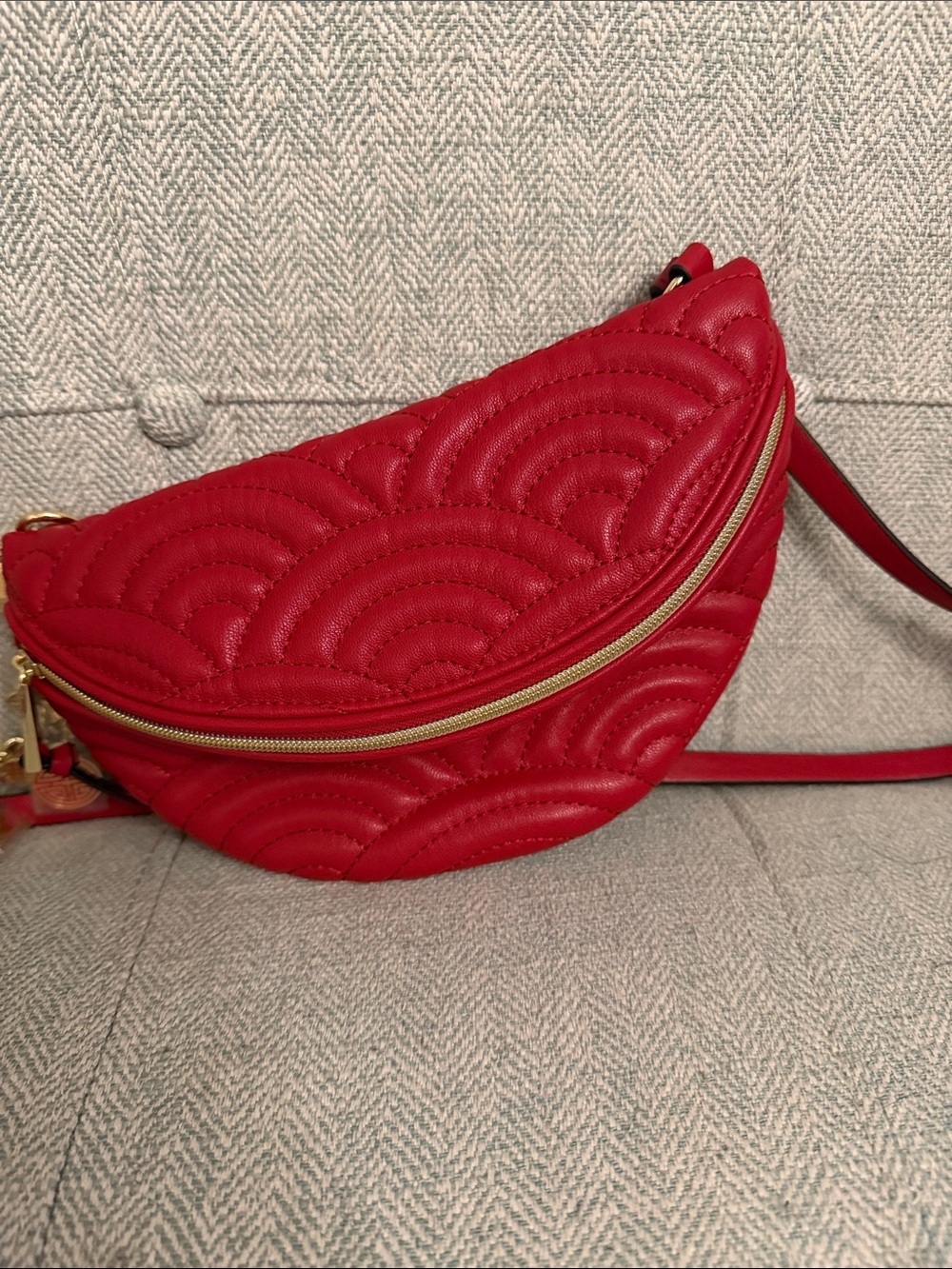 Estee Lauder Red Quilted Crescent Crossbody Bag with Gold Zipper